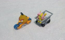 Size: 2425x1517 | Tagged: safe, artist:tom artista, fluttershy, bird, canary, pegasus, pony, g4, angry birds, car, chuck (angry birds), crossover, duo, duo male and female, female, hot wheels, male, mare, motorcycle, race, racecar, toy