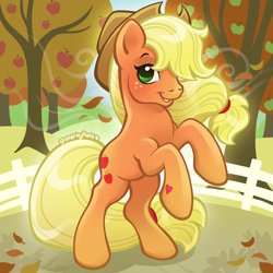 Size: 2400x2400 | Tagged: safe, artist:sparkytopia, applejack, earth pony, pony, g4, apple, apple tree, applejack's hat, autumn, breeze, cowboy hat, eyebrows, female, freckles, gradient legs, green eyes, hair tie, hat, hoof heart, leaves, looking at you, mare, orange coat, outdoors, rearing, signature, smiling, solo, sweet apple acres, tree, yellow hair