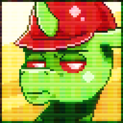 Size: 512x512 | Tagged: safe, artist:saturdaymorningproj, oc, oc only, oc:berzie, changedling, changeling, changedling oc, changeling oc, clothes, digital art, hard hat, hat, lidded eyes, looking at you, male, pixel art, solo