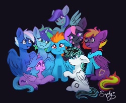 Size: 1200x982 | Tagged: safe, artist:saphypone, oc, oc only, oc:samudash, oc:saphira moon, oc:sierra nightingale, bat pony, pegasus, pony, unicorn, black background, group hug, horn, hug, simple background