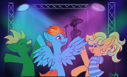 Size: 3500x2120 | Tagged: safe, artist:saphypone, oc, oc only, oc:samudash, earth pony, pegasus, pony, unicorn, clothes, dancing, horn, indoors, microphone, scarf, spread wings, stage, striped scarf, wings