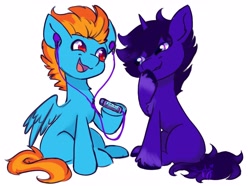 Size: 4096x3048 | Tagged: safe, artist:saphypone, oc, oc only, oc:samudash, pegasus, pony, unicorn, duo, earbuds, horn, looking at each other, looking at someone, mp3 player, simple background, white background