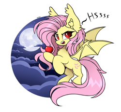 Size: 2050x1900 | Tagged: safe, artist:rejiser, fluttershy, bat pony, pony, mlp fim's fourteenth anniversary, g4, apple, bat ponified, bat wings, ear fluff, fangs, female, flutterbat, food, hissing, outdoors, race swap, simple background, solo, tail, white background, wings