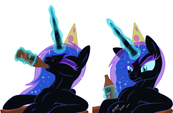 Size: 2386x1558 | Tagged: safe, artist:grypher, nightmare moon, alicorn, pony, mlp fim's fourteenth anniversary, g4, abdominal bulge, alcohol, belly, belly button, chair, cheek bulge, chugging, drink, drinking, female, glowing, glowing horn, hat, hoof on belly, horn, human shoulders, humanoid torso, magic, mare, missing accessory, party hat, ponies sitting like humans, round belly, scratching, simple background, sitting, slender, sternocleidomastoid, stuffed belly, telekinesis, thin, transparent background, vector