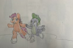 Size: 1657x1080 | Tagged: safe, artist:acutie, artist:powerpup97, scootaloo, spike, dragon, pegasus, pony, g4, bipedal, duo, duo male and female, female, grin, holding hands, ice skating, male, ship:scootaspike, shipping, simple background, smiling, straight, traditional art, white background