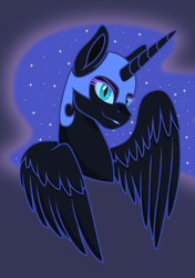 Size: 3750x5313 | Tagged: safe, artist:moogood, nightmare moon, alicorn, pony, mlp fim's fourteenth anniversary, g4, absurd resolution, armor, ethereal mane, female, flowing mane, looking at you, mare, simple background, smiling, smirk, solo, starry mane, vector, wings