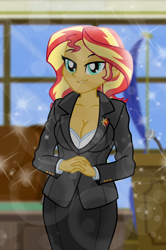 Size: 4938x7428 | Tagged: safe, artist:emeraldblast63, sunset shimmer, earth pony, human, equestria girls, g4, 4k, absurd resolution, blue eyes, breasts, busty sunset shimmer, cleavage, clothes, cutie mark on clothes, humanized, looking at you, pin, smiling, smiling at you, stupid sexy sunset shimmer, suit