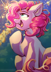 Size: 724x1024 | Tagged: safe, artist:chaosangeldesu, pinkie pie, earth pony, pony, g4, cute, female, fireworks, hair over one eye, happy, mare, open mouth, open smile, outdoors, raised leg, sitting, smiling, solo