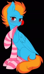 Size: 1241x2048 | Tagged: safe, artist:torihime, oc, oc only, oc:samudash, pegasus, pony, black background, clothes, looking at you, mouth hold, simple background, sitting, socks, solo, striped socks