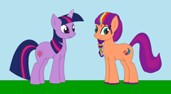 Size: 1366x756 | Tagged: safe, artist:marybethemberjoy49-1, sunny starscout, twilight sparkle, earth pony, pony, unicorn, g4, g5, duo, duo female, female, mane stripe sunny, mare, outdoors, sunny and her heroine, unicorn twilight