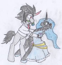 Size: 750x777 | Tagged: safe, artist:da52, king sombra, nightmare moon, alicorn, unicorn, g4, blue rose, clothes, dancing, dress, duo, duo male and female, female, floppy ears, flower, flower in mouth, flower on ear, horn, male, mare, mouth hold, rose, rose in mouth, shipping, sombramoon, straight, suit, surprised face, traditional art, tuxedo, white suit, white tuxedo