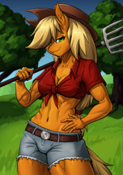 Size: 2480x3508 | Tagged: safe, artist:zaowl, applejack, earth pony, anthro, g4, abs, applejack's hat, applejacked, belly, belly button, belt, belt buckle, biceps, blonde hair, blonde tail, breasts, cleavage, clothes, cowboy hat, daisy dukes, day, eyebrows, eyelashes, female, front knot midriff, green eyes, hair over one eye, hand on hip, hat, hips, looking at you, midriff, muscles, muscular female, narrowed eyes, orange coat, outdoors, pitchfork, pose, shorts, smiling, smiling at you, solo, sweet apple acres, tail, thighs, thunder thighs, tree