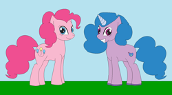 Size: 1366x756 | Tagged: safe, artist:marybethemberjoy49-1, izzy moonbow, pinkie pie, earth pony, unicorn, g4, g5, duo, duo female, female, horn, izzy and her heroine