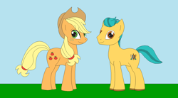 Size: 1366x756 | Tagged: safe, artist:marybethemberjoy49-1, applejack, hitch trailblazer, earth pony, pony, g4, g5, duo, duo male and female, female, hitch and his heroine, male, outdoors