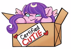 Size: 3202x2230 | Tagged: safe, artist:saphymoon, artist:saphypone, oc, oc only, oc:star silk, pegasus, pony, box, female, heart, looking at you, pony in a box, simple background, solo, spread wings, text, white background, wings