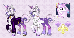 Size: 1280x664 | Tagged: safe, artist:malinraf1615, fleur-de-lis, pony, g4, alternate design, body markings, chest fluff, choker, clothes, colored eartips, colored hooves, colored horn, ear piercing, earring, eyeshadow, facial scar, female, gradient horn, gradient legs, hooves, horizonsverse, horn, horseshoes, jacket, jewelry, lavender eyeshadow, leg scar, looking at you, makeup, mare, mismatched hooves, multicolored horn, neck scar, piercing, raised hoof, scar, screencap reference, short hair, solo, sparkles, sparkly hooves, sparkly horn, unshorn fetlocks