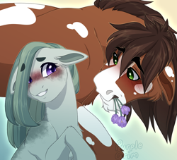 Size: 1100x1000 | Tagged: safe, artist:purplegrim40, marble pie, trouble shoes, earth pony, pony, g4, crack shipping, duo, duo male and female, female, flower, gradient background, larger male, male, mare, mouth hold, ship:marbleshoes, shipping, size difference, smaller female, stallion, straight