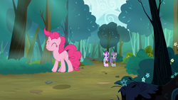 Size: 1920x1080 | Tagged: safe, screencap, maud pie, pinkie pie, starlight glimmer, earth pony, pony, unicorn, g4, my little pony: friendship is magic, rock solid friendship, bell, eyes closed, female, forest, horn, nature, outdoors, tree, trio, trio female