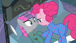 Size: 1920x1080 | Tagged: safe, screencap, maud pie, pinkie pie, earth pony, pony, g4, rock solid friendship, bed, bell, clothes, discovery family, discovery family logo, duo, duo female, female, footed sleeper, footie pajamas, hair curlers, indoors, lidded eyes, logo, onesie, out of context, pajamas, pie sisters pajamas