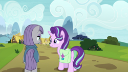 Size: 1920x1080 | Tagged: safe, screencap, maud pie, starlight glimmer, earth pony, pony, g4, my little pony: friendship is magic, rock solid friendship, bag, duo, duo female, female, outdoors, ponyville, saddle bag