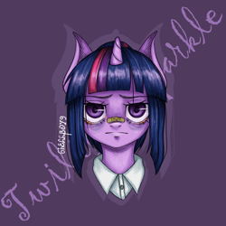 Size: 2048x2048 | Tagged: safe, artist:6hellboy9, twilight sparkle, alicorn, pony, unicorn, g4, bust, female, horn, portrait, purple background, redesign, sad, simple background, solo, unicorn twilight