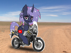 Size: 2068x1551 | Tagged: safe, artist:cortavi, oc, oc only, oc:top five videos, alicorn, pony, alicorn oc, clothes, desert, ear piercing, earring, fangs, heart, heart eyes, horn, irl, jewelry, looking at you, mongolia, motorcycle, outdoors, photo, piercing, ponies in real life, real life background, smiling, smiling at you, solo, sweater, wingding eyes, wings, yamaha, yamaha xt660z