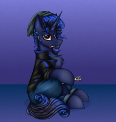 Size: 2950x3100 | Tagged: safe, artist:darklight1315, oc, oc only, oc:dayline, cyborg, cyborg pony, pony, unicorn, fallout equestria, beanie, chest fluff, cigarette, clothes, denim, ear fluff, fallout equestria: mayday, hat, horn, implants, jacket, jeans, leather, leather jacket, male, pants, parent:oc:decline, parent:oc:mayday, red eyes, sitting, solo, stallion