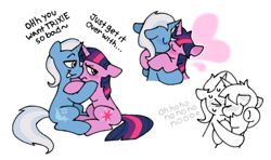 Size: 600x355 | Tagged: safe, artist:driftwoodpony, trixie, twilight sparkle, pony, unicorn, g4, blush lines, blushing, duo, duo female, ears back, female, floppy ears, horn, kiss on the lips, kissing, lesbian, mare, ship:twixie, shipping, simple background, sitting, sweat, unicorn twilight, white background