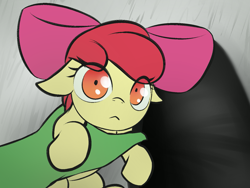 Size: 1569x1178 | Tagged: safe, anonymous artist, apple bloom, oc, oc:anon, earth pony, human, pony, g4, :<, bow, clothes, drawthread, female, filly, floor, floppy ears, foal, hair bow, holding, holding a pony, legs, looking at you, offscreen character, pants, ponified animal photo, ponified photo, pov, solo focus