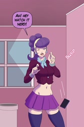 Size: 2000x3000 | Tagged: safe, artist:annon, part of a set, suri polomare, human, equestria girls, g4, belly, belly button, clothes, dialogue, indoors, jewelry, microskirt, midriff, miniskirt, phone, skirt, stockings, thigh highs, thigh socks