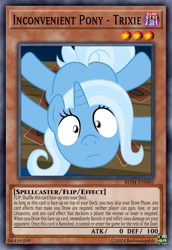 Size: 813x1185 | Tagged: safe, artist:badumsquish, derpibooru exclusive, trixie, pony, unicorn, g4, card, card game, ccg, effect monster card, female, horn, inconvenient trixie, looking at you, lying down, mare, monster card, prone, show accurate, solo, sploot, stare, table, trading card, wide eyes, yu-gi-oh!, yugioh card