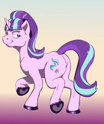 Size: 2236x2681 | Tagged: safe, artist:mcsplosion, starlight glimmer, pony, unicorn, g4, female, gradient background, high res, horn, looking back, mare, raised hoof, s5 starlight, smiling, smirk, solo, standing on two hooves