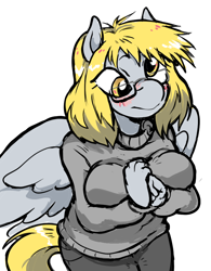 Size: 708x909 | Tagged: safe, artist:honkinghighblood, derpy hooves, pegasus, anthro, g4, alternate hairstyle, big breasts, blush lines, blushing, breasts, busty derpy hooves, clothes, female, glasses, simple background, solo, sweater, sweater puppies, white background