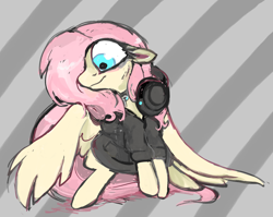 Size: 1506x1200 | Tagged: safe, artist:honkinghighblood, fluttershy, pegasus, pony, g4, big eyes, clothes, female, floppy ears, headphones, hoodie, looking away, mare, solo