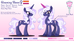 Size: 4500x2500 | Tagged: safe, artist:the_mpc, oc, oc only, oc:gloaming sheen, pony, unicorn, color palette, colored, concave belly, cutie mark, dialogue, female, female symbol, glowing, glowing horn, gradient background, high res, horn, lesbian pride flag, long mane, looking at you, magic, magic aura, mare, pride, pride flag, reference sheet, slender, solo, tail, tall, thin, two toned mane, two toned tail, unshorn fetlocks