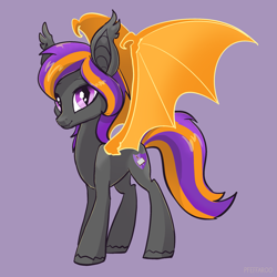 Size: 2215x2215 | Tagged: safe, artist:pfeffaroo, oc, oc only, oc:bright wings, bat pony, pony, bat pony oc, concave belly, fangs, female, gift art, happy, looking at you, mare, signature, simple background, slender, slit pupils, smiling, smiling at you, solo, spread wings, thin, unshorn fetlocks, wings