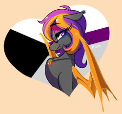 Size: 3039x2840 | Tagged: safe, artist:kaenn, oc, oc only, oc:bright wings, bat pony, pony, bat pony oc, bat wings, bisexual pride flag, bust, concave belly, demisexual pride flag, eyebrows, eyebrows visible through hair, eyelashes, eyeshadow, female, high res, jewelry, lidded eyes, long eyelashes, looking at you, looking sideways, makeup, mare, necklace, partially open wings, passepartout, portrait, pride, pride flag, pride flag eyeshadow, side view, signature, slender, solo, sunset shimmer's cutie mark, thin, wings