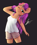 Size: 2942x3561 | Tagged: safe, artist:potato22, sunny starscout, earth pony, anthro, g5, arm behind head, armpits, blushing, breasts, camisole, chromatic aberration, clothes, female, film grain, looking at you, one eye closed, reasonably sized breasts, shorts, signature, simple background, smiling, solo, wink, winking at you