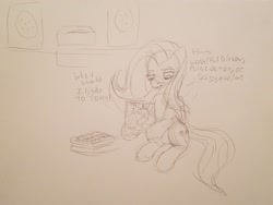 Size: 2048x1536 | Tagged: safe, artist:mcsplosion, fluttershy, pegasus, pony, g4, dialogue, female, holding, human to pony, mare, noisecore, record, record player, sitting, sketch, solo, transformation