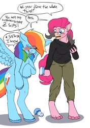 Size: 2480x3507 | Tagged: safe, artist:mcsplosion, pinkie pie, rainbow dash, earth pony, human, pegasus, pony, g4, bipedal, blushing, breasts, dialogue, duo, female, grin, grope, high res, human to pony, potion, self grope, simple background, smiling, sweat, transformation, white background