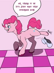 Size: 2160x2880 | Tagged: safe, artist:mcsplosion, pinkie pie, earth pony, pony, g4, female, fourth wall, high res, human to pony, indoors, mare, open mouth, smiling, solo, speech bubble, transformation, transformation sequence, transgender transformation, undressing