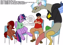 Size: 3507x2480 | Tagged: safe, artist:mcsplosion, discord, twilight sparkle, oc, oc:acesential, oc:penny, alicorn, earth pony, human, pony, annoyed, chair, clothes, dialogue, eris, fingers together, high res, human to draconequus, human to pony, ponid-21, post-transformation, rule 63, simple background, sitting, transformation, twilight sparkle (alicorn), white background