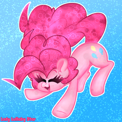 Size: 2000x2000 | Tagged: safe, artist:ladylullabystar, pinkie pie, earth pony, pony, g4, abstract background, cute, diapinkes, eyes closed, female, mare, open mouth, open smile, signature, smiling, solo