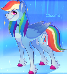 Size: 1064x1174 | Tagged: safe, artist:loomiiis, rainbow dash, pegasus, pony, g4, colored hooves, colored wings, colored wingtips, feathered fetlocks, female, grin, hooves, mare, signature, smiling, solo, wings