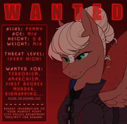 Size: 1800x1766 | Tagged: safe, artist:kirasunnight, oc, oc only, oc:penny banks, pegasus, angry, blonde, blue eyes, clothes, cyberpunk, female, gradient background, jacket, leather, leather jacket, mare, red background, solo, terrorism, wanted poster, wings