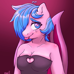 Size: 700x700 | Tagged: safe, artist:naet, oc, oc:neon burst, bat pony, anthro, blushing, boob window, breasts, cute, female, solo, tongue out