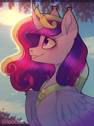 Size: 593x793 | Tagged: safe, artist:loomiiis, princess cadance, alicorn, pony, g4, bust, crown, female, jewelry, mare, outdoors, regalia, signature, smiling, solo