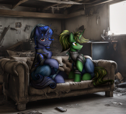 Size: 949x859 | Tagged: safe, artist:darklight1315, oc, oc only, oc:dayline, oc:ponferada, cyborg, cyborg pony, pony, unicorn, fallout equestria, after war, ai assisted background, beanie, chest fluff, cigarette, clothes, couch, denim, duo, ear fluff, fallout equestria: mayday, female, friends, hat, horn, implants, jacket, jeans, leather, leather jacket, male, mare, pants, parent:oc:decline, parent:oc:ferpondo, parent:oc:mayday, parent:oc:nightingale, post-apocalyptic, red eyes, sitting, sitting on couch, stallion, sweater, wrench