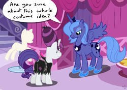 Size: 2338x1653 | Tagged: safe, artist:blackcat, princess luna, rarity, alicorn, bat, pony, unicorn, mlp fim's fourteenth anniversary, g4, luna eclipsed, my little pony: friendship is magic, carousel boutique, clothes, costume, deleted scene, duo, duo female, female, horn, indoors, mannequin, mare, nightmare night, s1 luna, show accurate, speech bubble, spikes, text