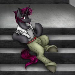 Size: 3000x3000 | Tagged: safe, artist:darklight1315, oc, oc only, oc:catalysis, pony, unicorn, fallout equestria, belt, clothes, concrete, eyebrows, fallout equestria: mayday, horn, jacket, male, pants, parent:oc:catharsis, parent:oc:shard, raised eyebrow, shirt, shoes, sideburns, solo, stairs, stallion, t-shirt